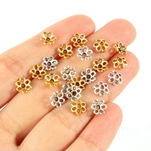 Antikgoldfarbene Perlenkappen in tibetisch-silberner Farbe, Endkappen, Blumenperlen, Handarbeiten für die Schmuckherstellung, DIY-Zubehör, Typ 6 (6 x 3,0 mm), 100 Stück, goldfarben von VIEPGJ