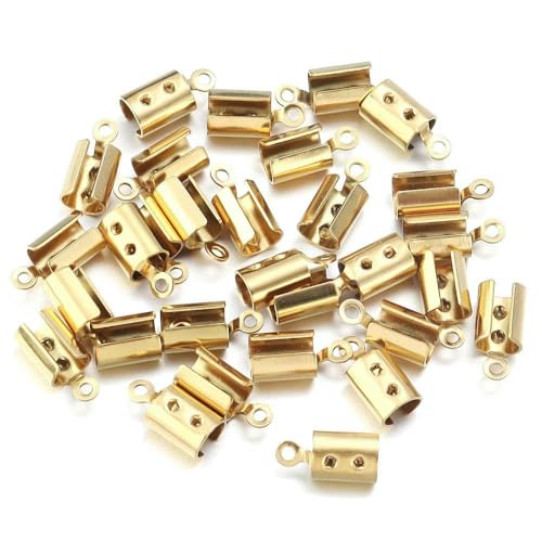 Edelstahl-Crimp-Endperlenkappen, Lederband-Clip-Spitze, gefaltete Crimp-Perlen-Armbandverbinder zur Schmuckherstellung, goldfarben, rund, 4,0 mm, 10 Stück von VIEPGJ