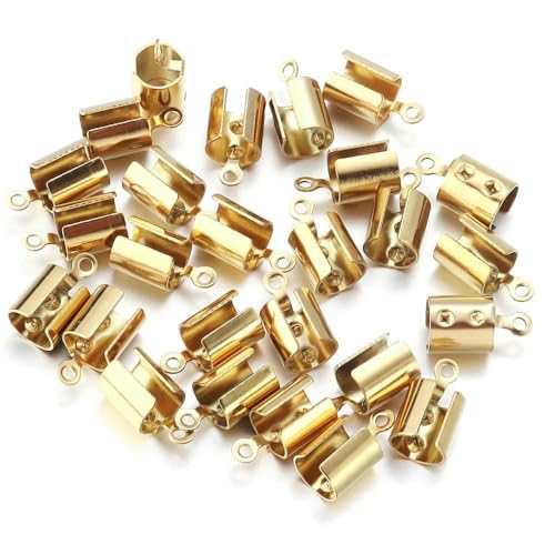 Edelstahl-Crimp-Endperlenkappen, Lederband-Clip-Spitze, gefaltete Crimp-Perlen-Armbandverbinder zur Schmuckherstellung, goldfarben, rund, 5 mm, 10 Stück von VIEPGJ