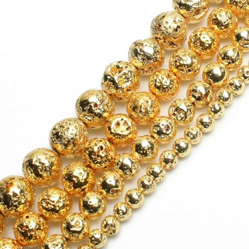 Goldfarbene Perlen, Naturstein, gelber Jade-Achat, Hämatit, Lava, runde lose Perlen für die Schmuckherstellung, DIY, handgefertigtes Armband, 15 Zoll, Gold-Lava, 6 mm, ca. 61 Stück von VIEPGJ
