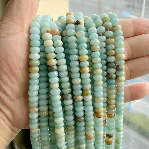 Naturstein-Rondelle-Perlen, Jaspis, Jade, Abstandshalter, runde, flache Perle, DIY-Armband, Halskette, Ohrringe, Zubehör, Größe 5 x 8 mm – 21 Amazonit – 5 x 8 mm, 33 bis 35 Stück von VIEPGJ