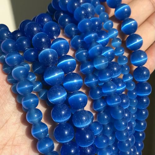 Natursteinperlen, blauer Katzenaugen-Opalit, runde, lose Taillen-Glasperlen zur Schmuckherstellung, DIY-Armbandzubehör, 4 6 8 10 mm, blau, 8 mm, ca. 46 Stück von VIEPGJ