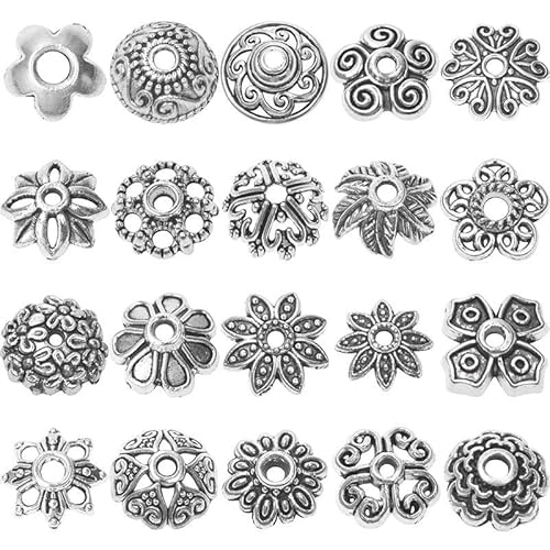 Perlenkappen aus gemischter Blumenlegierung zur Schmuckherstellung, Charm, DIY-Schmuckzubehör, silberfarbene Komponenten, handgefertigtes Vintage-Zubehör, Mix, 40 Stück von VIEPGJ