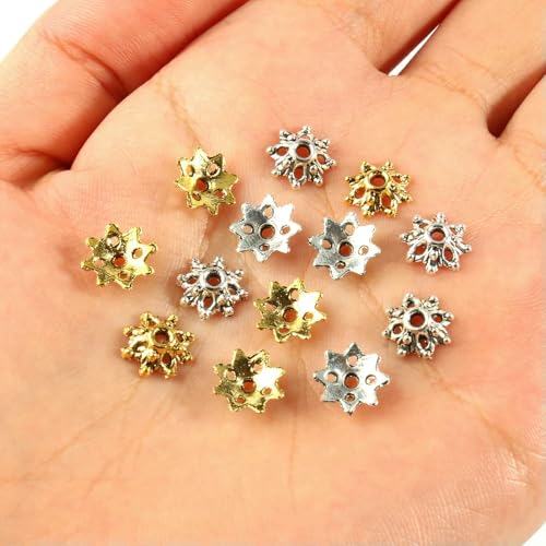 Perlenkappen in Antikgold, tibetisches Silber, Endkappen, Blumenperlen, Handarbeiten für Schmuckherstellung, DIY-Zubehör, Typ 2 (9 x 3,0 mm), 100 Stück, Silberfarbe von VIEPGJ