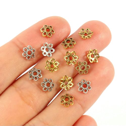 Perlenkappen in Antikgold-Tibetsilber-Farbe, Endkappen, Blumenperlen, Handarbeiten für Schmuckherstellung, DIY-Zubehör, Typ 8 (6 x 2 mm), 200 Stück, gemischte Farben von VIEPGJ