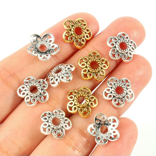 Perlenkappen in Antikgold-Tibetsilber-Farbe, Endkappen, Blumenperlen, Handarbeiten für die Schmuckherstellung, DIY-Zubehör, Typ 7 (12 x 3,0 mm), 20 Stück, gemischte Farben von VIEPGJ