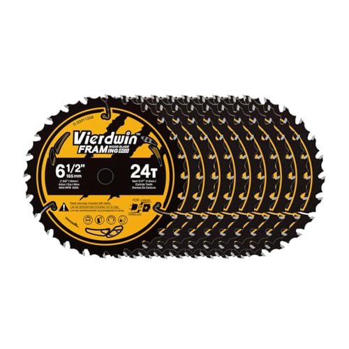 VIERDWIN Kreissägeblatt mit 24 Zähnen, 16,5 cm (6 1/2 Zoll), 1,6 cm (5/8 Zoll) Dorn (5/8 Zoll), Hartmetallzähne für Holz, Sperrholz, OSB und mehr, 10 Stück von VIERDWIN