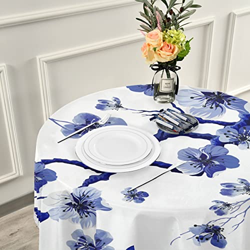 VIGTRO Runde Tischdecke mit japanischem Blumenmuster, blaue Tinte, 152,4 cm, knitterfrei, Blumen, orientalisch, rund, Spitze, waschbar, für Küche, Esszimmer, Dekoration von VIGTRO