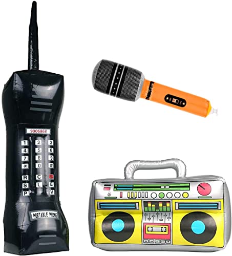 VIKSAUN 3 Stück Aufblasbare Rock Star Toy 80er 90er 80er 90er Party Dekorationen, Aufblasbares Radio, Aufblasbares Handy, Aufblasbares Mikrofon, für Rockpartys Musikkarnevale von VIKSAUN