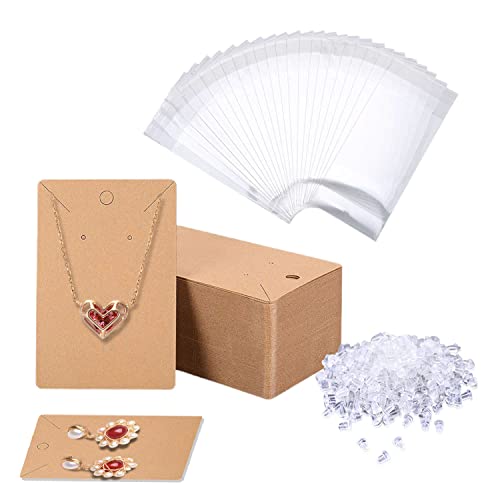 VIKSAUN 300 Stück Karten Schmuck Display Kraftpapier, 50 Aufbewahrung Ohrring Halterung Karten mit 50 OPP Zellophan Selbstklebende Taschen, 200 Ohrhaken für DIY Verpackung Display Schmuck (Braun) von VIKSAUN