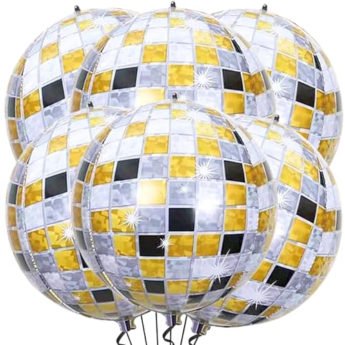 6 Stück Discokugel Luftballon,Discokugel Deko Folienballons,22 Zoll 4D Diskokugel Luftballons Schwarz Gold,90er Party Deko,Disco Party Deko Ballons für Karneval,Hawaii,Geburtstag,Graduation,Hochzeit von VIKY