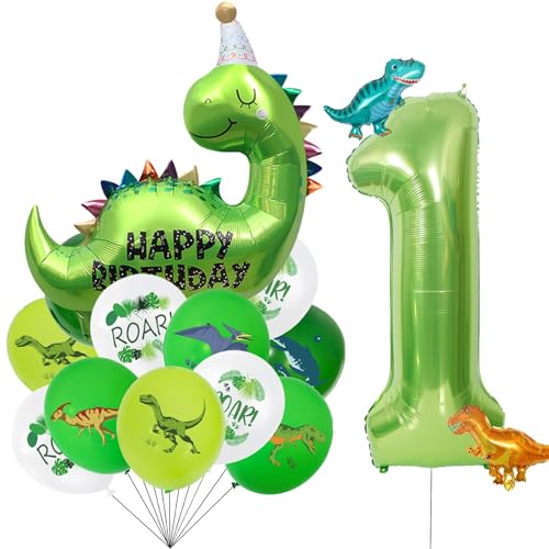 VIKY Dino Luftballon 1. Geburtstag Junge Deko, Dino Geburtstagsdeko 1 Jahr Junge Mädchen, Dinosaurier Ballon 1 Geburtstag Deko, Dschungel Deko Kindergeburtstag Luftballons mit Zahlenballon 1 von VIKY