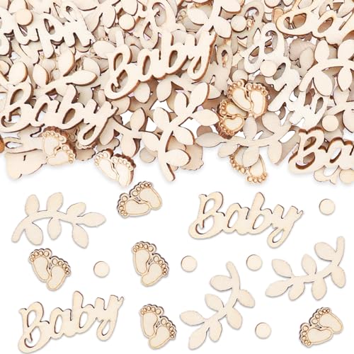 VIKY® 100 Stück Babyparty Deko Tischdeko Holz,Streudeko Konfetti,Baby Fußabdrücke Salbei Confetti,Baby Shower Deko Junge Mädchen,Streudeko Holz für Gender Reveal Party,Babyshower,Geburtstag Party Deko von VIKY