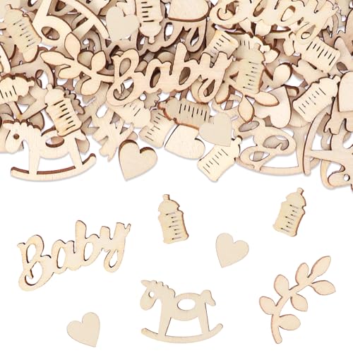 VIKY® 100 Stück Babyparty Deko Tischdeko Holz,Streudeko Konfetti,Baby Fußabdrücke Salbei Confetti,Baby Shower Deko Junge Mädchen,Streudeko Holz für Gender Reveal Party,Babyshower,Geburtstag Party Deko von VIKY
