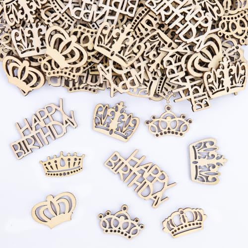 VIKY® Holz Happy Birthday Konfetti, 120 Stück Tischdeko Geburtstag Deko, Streudeko Holz, Mädchen Deko, Kronenkonfetti für Geburtstagsdeko Tisch von VIKY