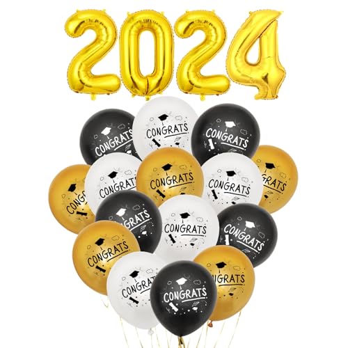 VIKY® 2024 Graduation Deko Luftballons, 25 Stück Congrats Prüfung Bestanden Deko Helium Ballon, Bachelor Deko Ballons Schwarz Gold, Abschlussfeier Luftballon Abschluss Deko, Abi 2024 Bachelor Geschenk von VIKY