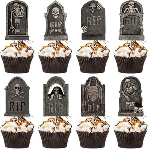 VIKY® 24 Stück Halloween Cupcake Toppers, Kuchen Deko Grabstein Cake Toppers, Tortendeko Grabsteine Horror Deko, Muffins Deko Grabsteinmuster für Party von VIKY