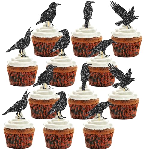 VIKY® 24 Stück Halloween Cupcake Toppers, Krähen Topper, Party Kuchen Deko, Tortendeko Muffin, Dekoration, Motto Partyzubehör von VIKY