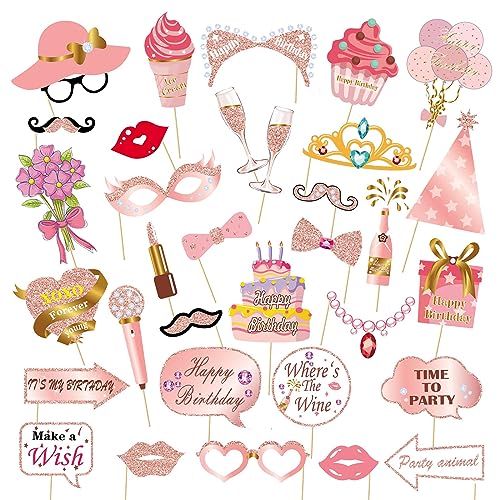 VIKY® 33 STK Fotobox Accessoires Roségold, 90er Foto Requisiten Geburtstag Frauen, Vintage Fotobox Requisiten, Party Aaccessoires Glitzer, Party Zubehör Karneval, Fotorequisiten von VIKY