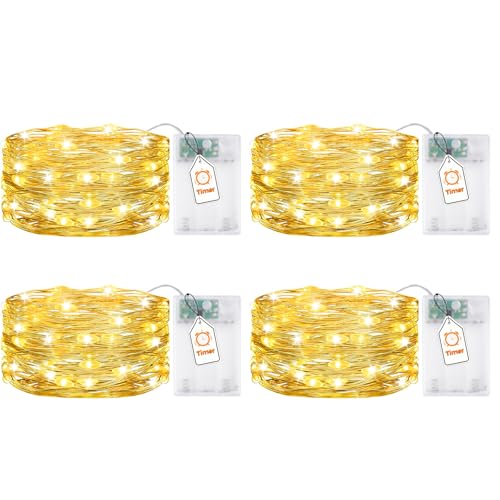 VIKY® 4 Stk LED Lichterkette Batterie mit Timer, 5M 50 LED Micro Kupferdraht Lichterkette Innen Batteriebetrieben, Warmweiß lichterkette mit Timer für Hochzeit, Silvester, Weihnachten Innen Dekoration von VIKY