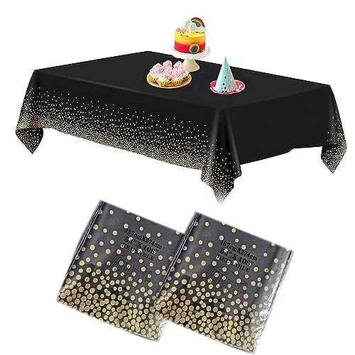 VIKY® Einweg Tischdecke Geburtstag, 2 Stück Rechteckig Tischdecke Einweg Party Schwarze mit Gold Dot, Kunststoff Einmal Tischdecken Wasserdicht für Hochzeit, Weihnachten, Jahrestag, 137 x 274 cm von VIKY