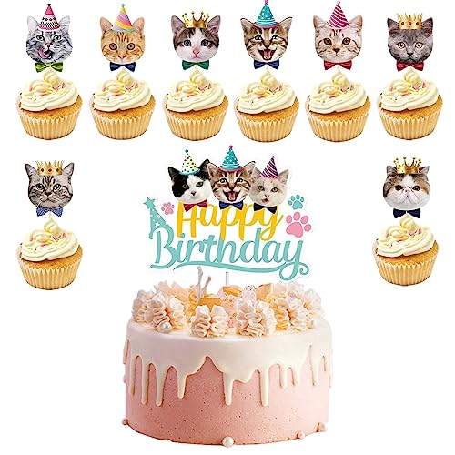 VIKY® Katze Geburtstag Cupcake Topper,9 Stück Katzen Muffin Deko Geburtstag,Tortendeko Tiere,Taufe Tortendeko Junge & Mädchen,Cupcake Party Deko,Kuchen Dekoration Supplie für Kinder Pet Birthday Party von VIKY