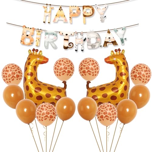 VIKY® Kindergeburtstag Deko Luftballons Tiere, Dschungel Luftballon Tiere Deko, Giraffe Folienballon Geburtstag, Safari Geburtstagsdeko Kinder mit Happy Birthday Girlande, Kinder Geburtstag Party Deko von VIKY