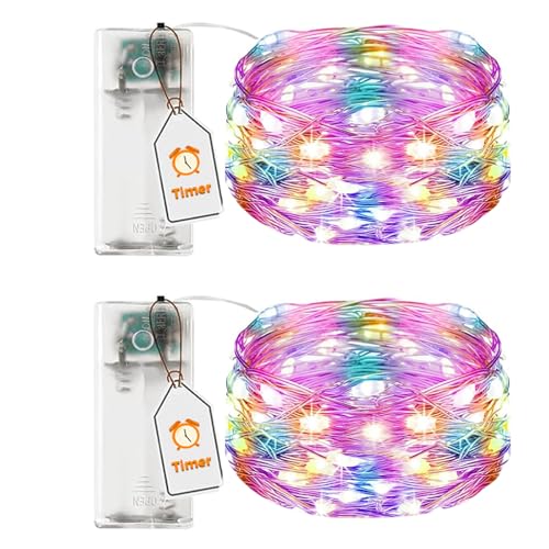 VIKY® 2 Stk LED Lichterkette Batterie mit Timer, 2M 20 LED Micro Kupferdraht Lichterkette Innen Batteriebetrieben, Bunt lichterkette mit Timer für Hochzeit, Silvester, Weihnachten Innen Dekoration von VIKY