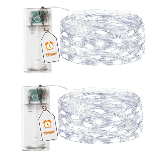 VIKY® 2 Stk LED Lichterkette Batterie mit Timer,2M 20 LED Micro Kupferdraht Lichterkette Innen Batteriebetrieben,Kaltes Weiß lichterkette mit Timer für Hochzeit,Silvester,Weihnachten Innen Dekoration von VIKY
