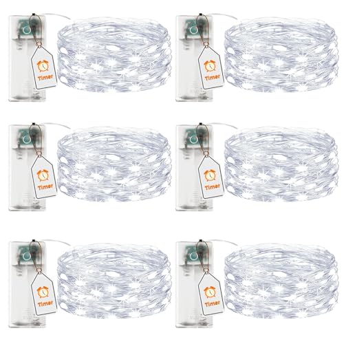 VIKY® 6 Stk LED Lichterkette Batterie mit Timer,2M 20 LED Micro Kupferdraht Lichterkette Innen Batteriebetrieben,Kaltes Weiß lichterkette mit Timer für Hochzeit,Silvester,Weihnachten Innen Dekoration von VIKY