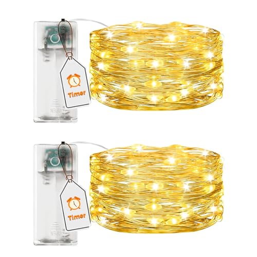 VIKY® 2 Stk LED Lichterkette Batterie mit Timer, 2M 20 LED Micro Kupferdraht Lichterkette Innen Batteriebetrieben, Warmweiß lichterkette mit Timer für Hochzeit, Silvester, Weihnachten Innen Dekoration von VIKY