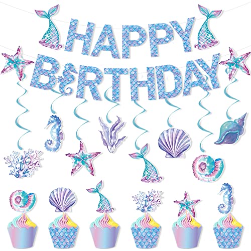 VIKY® Meerjungfrau Geburtstag Deko Mädchen,21 Stück Wiederverwendbare Happy Birthday Girlande für Meerjungfrauen Deko Kindergeburtstag,Happy Birthday Deko Banner Party Deko Geburtstag & Party Zubehör von VIKY