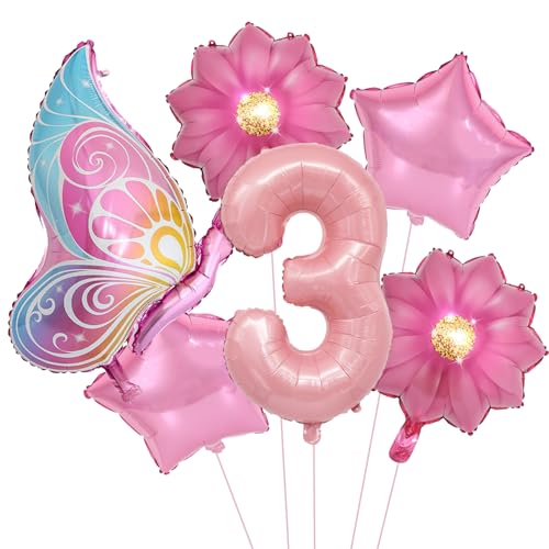VIKY® Schmetterlinge Deko 3 Geburtstag Mädchen, Folienballon Schmetterling Deko Luftballon 3. Geburtstag Mädchen, Geburtstagsdeko 3 Jahre, Schmetterling Folienballon 3 für Kindergeburtstag Deko von VIKY