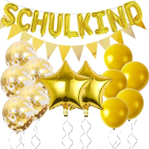 VIKY® Schulanfang Deko Einschulung Junge Mädchen, 14 Stück Einschulung Deko Set, Schulkind Deko Gold 2024, Deko Schulanfang mit Wimpelkette, Stern Einschulung Folienballon,Konfetti Luftballons von VIKY