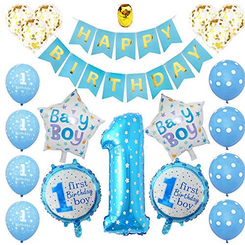 Deko 1 Geburtstag Junge, Blau Luftballon 1. Geburtstag Junge Deko, Erster Geburtstag Junge Party Deko Luftballons, Geburtstagsdeko 1 jahr Junge mit Happy Birthday Banner,Konfetti Ballon,Babyparty Deko von VIKY