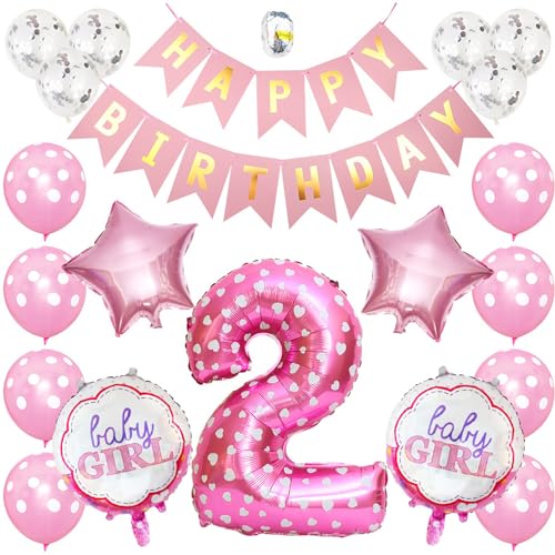 VIKY Deko 2 Geburtstag Mädchen, Rosa Luftballon 2. Geburtstag Mädchen Deko, Zweite Geburtstag Mädchen Party Deko Luftballons, Geburtstagsdeko 2 jahre mädchen mit Happy Birthday Banner, Konfetti Ballon von VIKY
