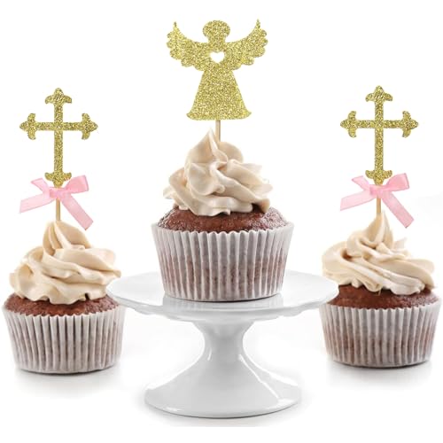 VIKY® Cake Topper Taufe, 24 Stücke Taufe Cupcake Topper, Kommunion Tortendeko, Tortendeko Taufe, Babyparty Kuchendeko, Muffin Deko Taufe Junge Mädchen für Konfirmation, Baby Shower, Taufe, Babyparty von VIKY