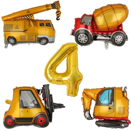 VIKY® Bagger Deko Kindergeburtstag 4, Baustellen Deko Luftballon 4. Geburtstag Junge, Bagger Geburtstag Deko 4 Jahre, Baustellen Party Kindergeburtstag Deko, Folienballon Geburtstagsdeko 4 Jahre Junge von VIKY