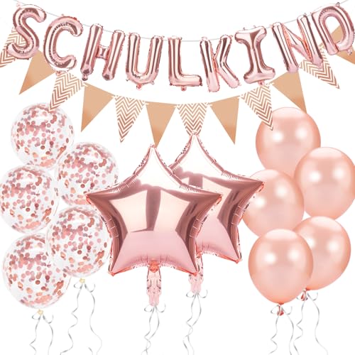 VIKY® Schulanfang Deko Einschulung Junge Mädchen, 14 Stück Einschulung Deko Set, Schulkind Deko Rosegold 2024, Deko Schulanfang mit Wimpelkette, Stern Einschulung Folienballon,Konfetti Luftballons von VIKY