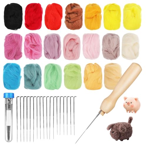 VILLCASE 1 Set Filzwolle Start Set FüR AnfäNger, 20 Farben Filzwolle, Nadelfilz Set, Filznadeln Und Bastelwerkzeuge FüR Kinder Und Erwachsene, Diy Bastelset FüR Filzarbeiten von VILLCASE