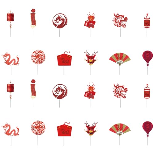 VILLCASE 24 Stück Cupcake-Topper Zum Chinesischen Neujahr Kuchendekorationen 2024 Jahr Des Drachen Kuchendekorationen Chinesisches Mondjahr Frühlingsfest Partyzubehör von VILLCASE