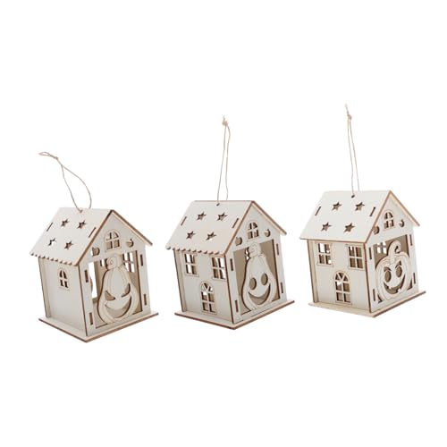 VILLCASE 3 Stück Teiliges Halloween Holzhaus Set DIY Unbemalt Stabile Holzanhänger Dekorative Kürbishäuser für Kreative Bastelidee Langlebige Halloween Dekoration von VILLCASE