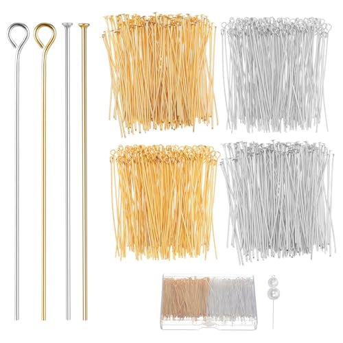 VILLCASE 800 Stück Kettelstifte, Nietstifte Offene Ösenstifte, Nietstifte Schmuckherstellung, Golden und Silberton Flachkopfstifte, 5CM, für Ohrring Anhänger Armband Halskette Schmuck DIY Handwerk von VILLCASE