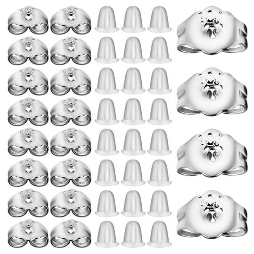 VILLCASE Ohrstecker Verschluss Set, 100 Stück 925 Silber Schmetterling Verschlüsse & 100 Stück Transparente Silikon Stopper, Ohrstecker Verschluss Loch 4mm für DIY Schmuck Fitting Ohrringe Machen von VILLCASE