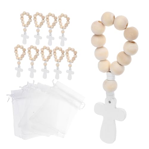 VILLFUL 10 Sätze Holztaufe Perlen Holzperlen Anhänger Netzspeicherbeutel Mini-Rosenkränze taufe rosenkranz Gefälligkeiten für die Taufe Organzabeutel tragbarer Rosenkranz Gittergewebe von VILLFUL