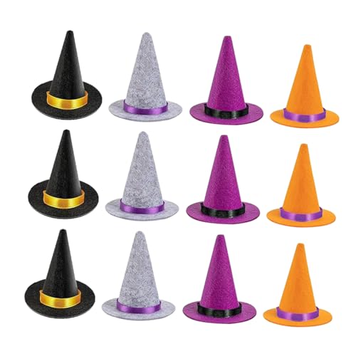 VILLFUL 12 Stück Teiliges Miniatur Hexenhüte aus Filz Leichte Mini Hexenkappen in Schwarz Lila und Orange Handgefertigt für DIY Bastelprojekte Puppenhaus Halloween Deko und Partyzubehör von VILLFUL