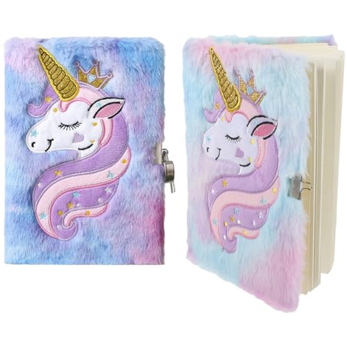 VILLFUL 2 Stück Plüsch Tagebuch mit Schloss Notizbuch für Einhorn Design Fluffy Notepad für Tägliche Nutzung Perfektes für Mädchen und Rosa von VILLFUL