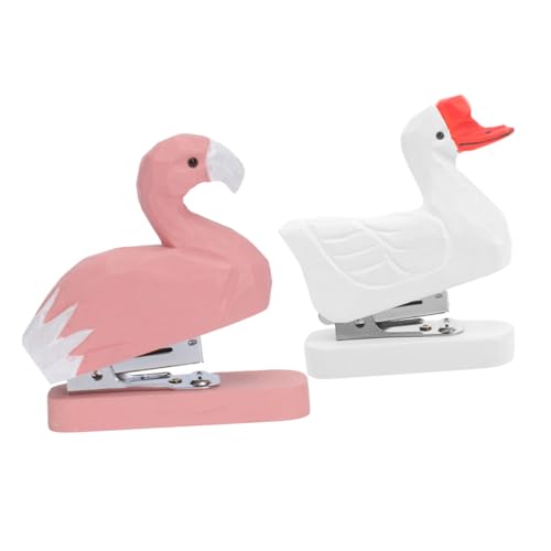 VILLFUL 2 Stück Tierförmiger Hefter aus Holz Multifunktionaler Handhefters für Bürobedarf Kreative Schreibtisch Accessoires Flamingo Weißer Gans von VILLFUL