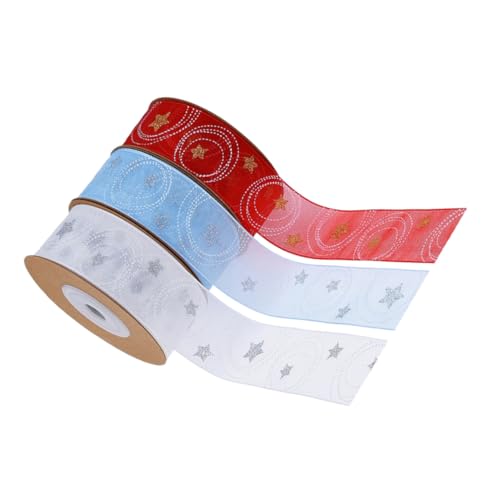 VILLFUL 3 Rollen Weihnachtsband aus Polyester mit Stern Kreis-motiv Langlebiges Geschenkband für Geschenkverpackung DIY Bastelprojekte Partydeko und Weihnachtsfeier Farben Weiß Blau Rot von VILLFUL