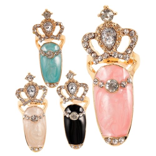 VILLFUL 4 Stück Crown Nail Ring mit Strassbesetzten Fingernagelringen Modische Nagelkunst Schmuck für Frauen DIY Nagelring in Weiß Blau Schwarz für Party und Cosplay von VILLFUL